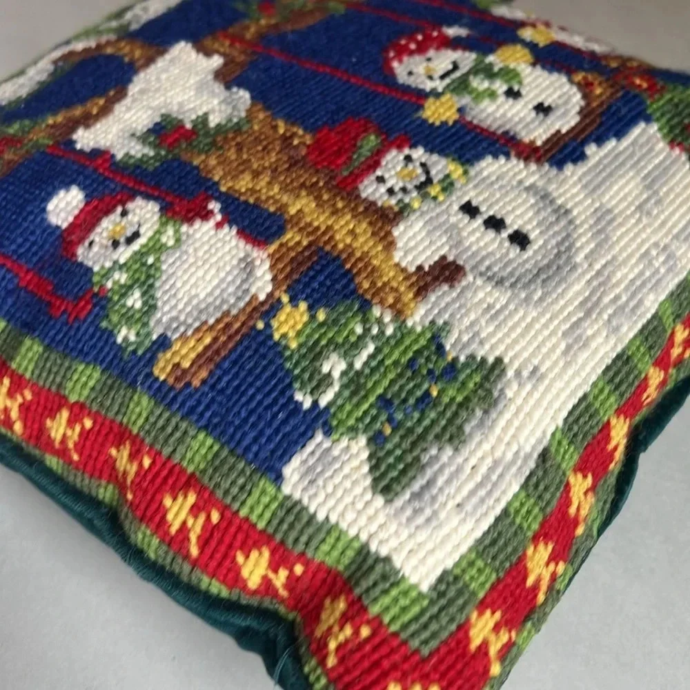 Vintage Handmade Cross Stitched Christmas Pillow Snowmen on Swings Velvet Back